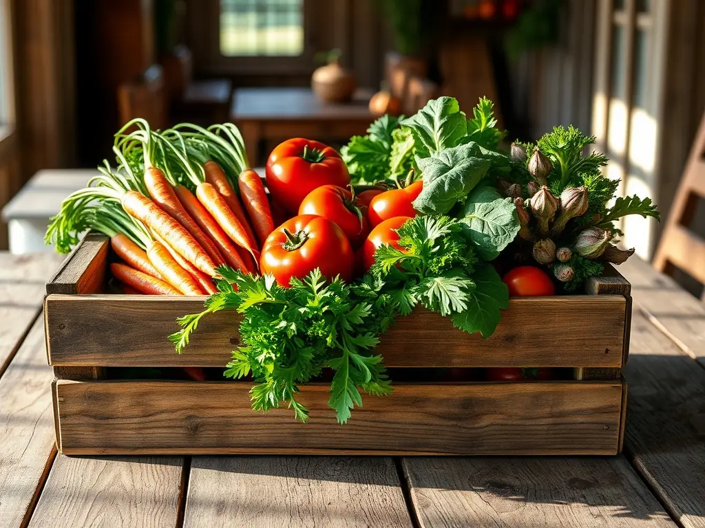 A vibrant image of a colorful vegetable box filled with fresh, seasonal produce on a rustic wooden table, showcasing the variety and quality of GreenCrate's seasonal offerings.