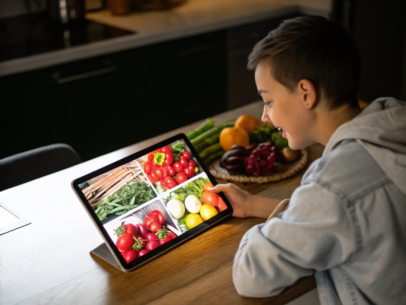 An image of a customer customizing their GreenCrate box, selecting from a variety of vegetables displayed on a tablet. The scene is bright and inviting, emphasizing the ease of customization.