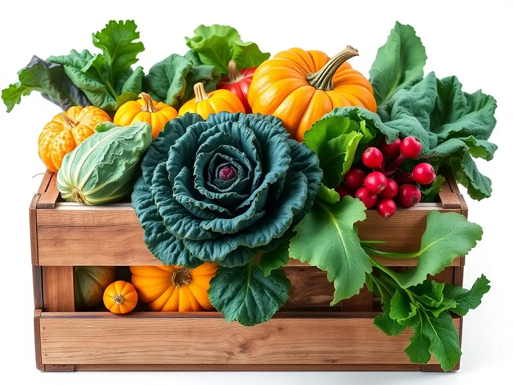 A vibrant image of a colorful vegetable box filled with fresh, seasonal produce on a rustic wooden table, showcasing the variety and freshness of GreenCrate's seasonal produce boxes.