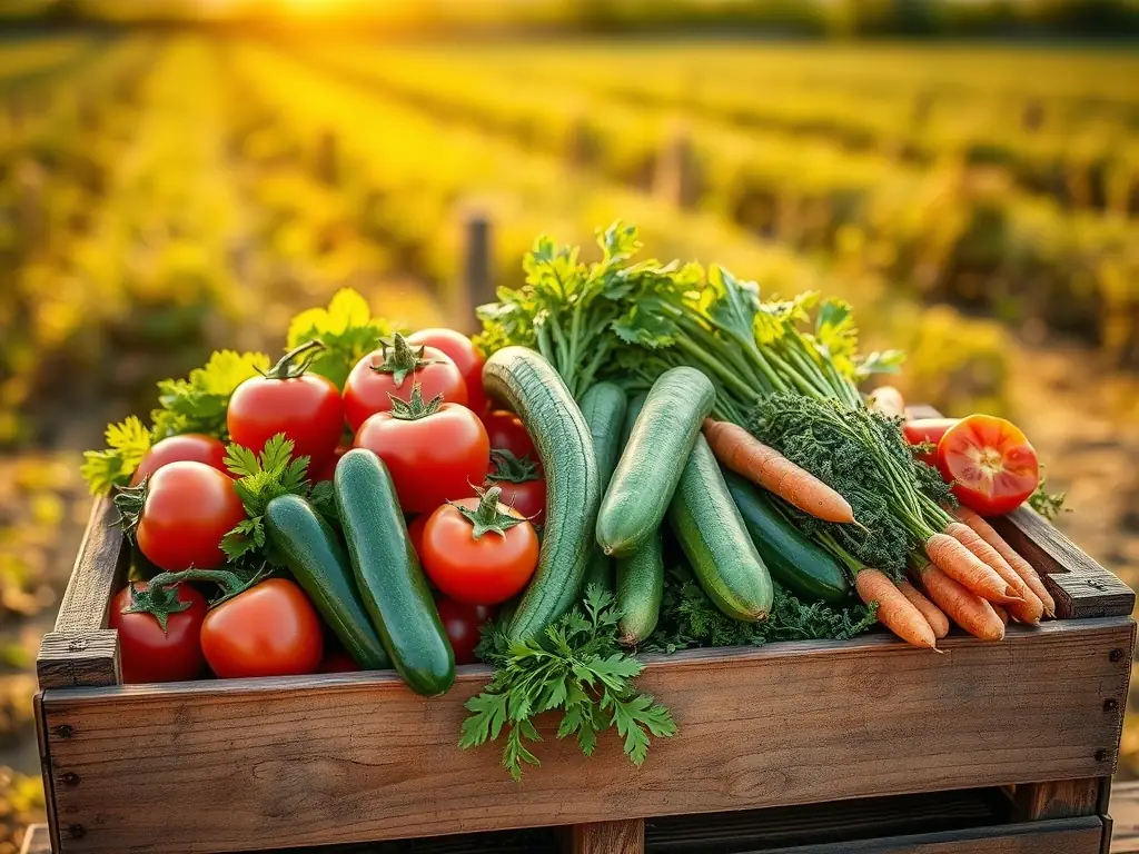 A vibrant image showcasing a colorful assortment of seasonal vegetables such as tomatoes, bell peppers, and zucchini, arranged in a rustic wooden crate, with a blurred background of a sunny farm field.