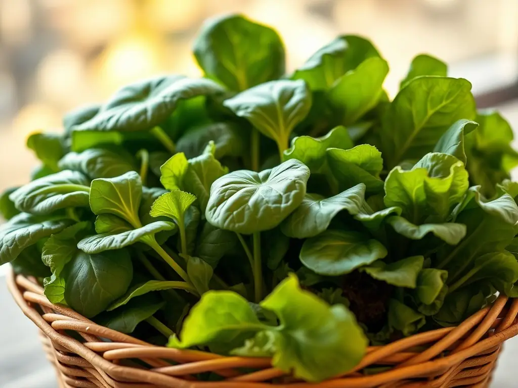 An overhead shot of a selection of specialty greens, such as arugula, watercress, and baby spinach, arranged in a decorative bowl, with a soft, natural light highlighting their delicate textures.