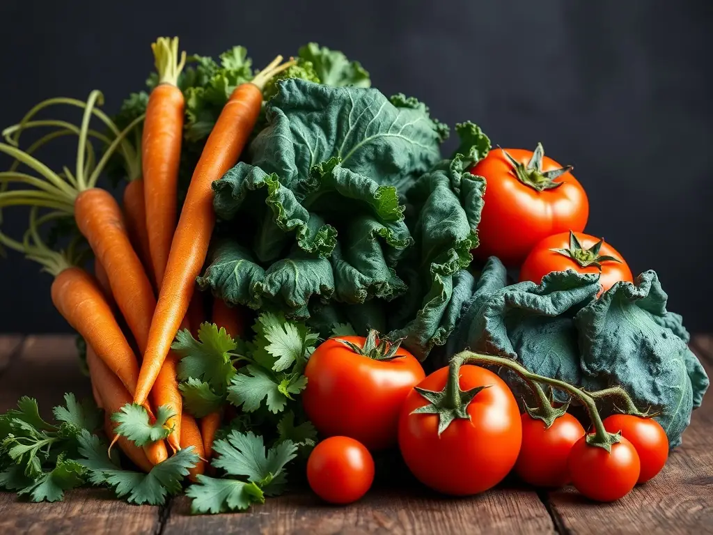 A close-up shot of a variety of organic vegetables, including kale, spinach, and carrots, displayed on a burlap sack, with a focus on the vibrant colors and textures of the produce.