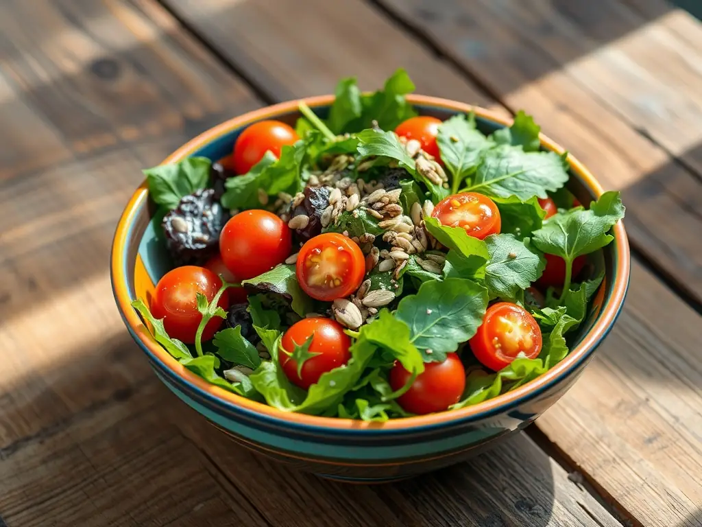 A fresh salad bowl filled with a variety of vibrant greens and herbs, highlighting the freshness and versatility of GreenCrate's specialty greens.